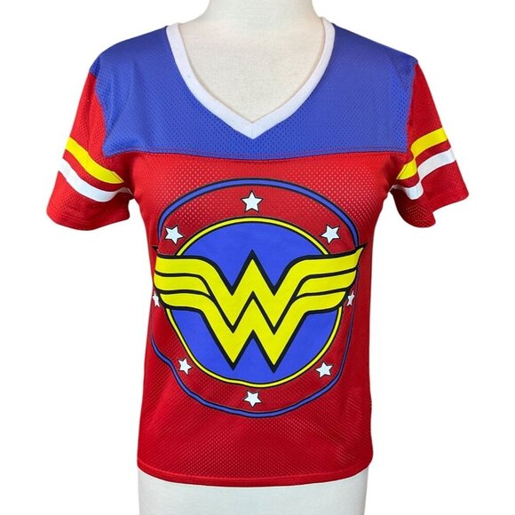DC Comics Originals Wonder Woman Short Sleeve Mesh V-Neck Jersey Top Ladies Med - Picture 1 of 7